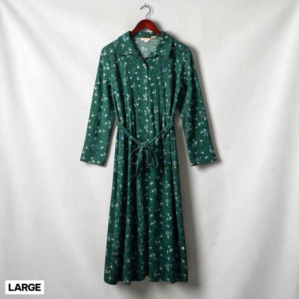 Vermont Country Store Pintuck Cotton Corduroy Dress Green Floral Size LARGE